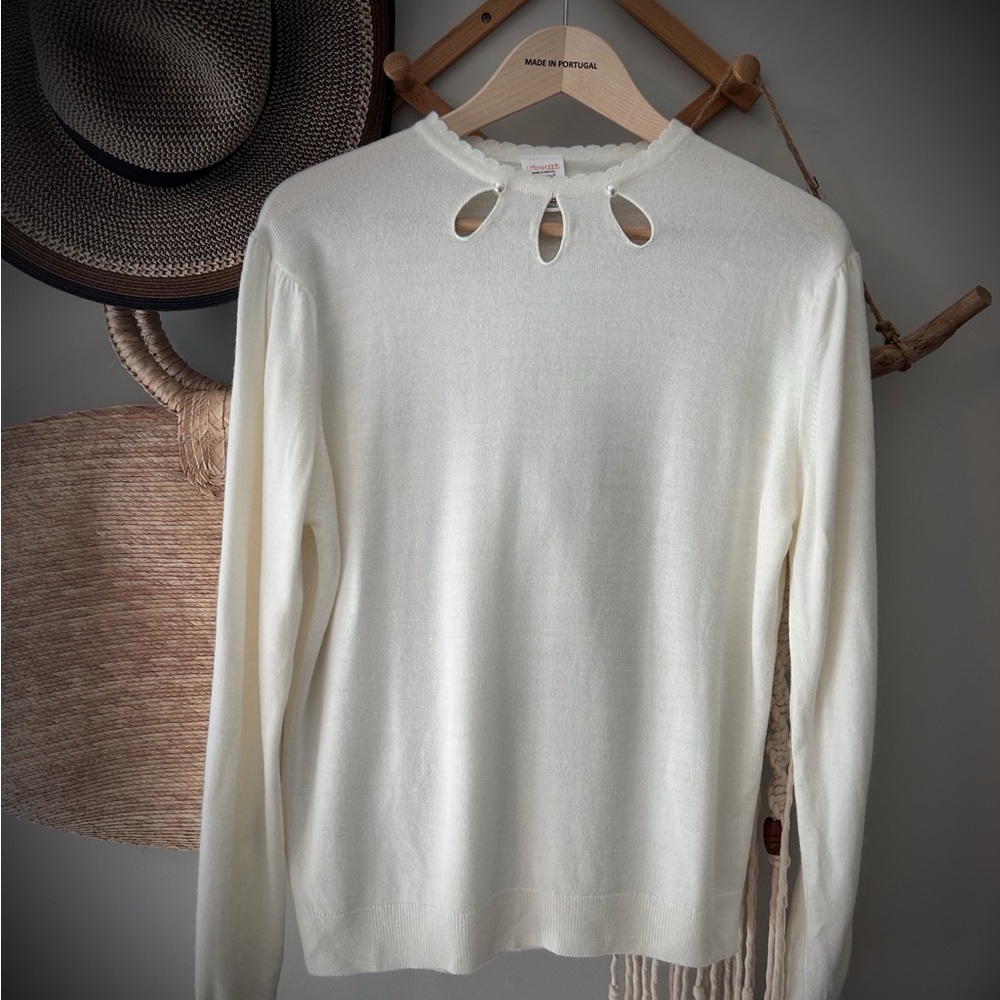 Vintage Cream preppy, sweater with cut out and pearl button details size small